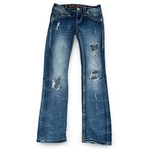 Rock Revival Lam Mid Rise Straight Jeans Distressed Blue Fleur De Lis Size 24